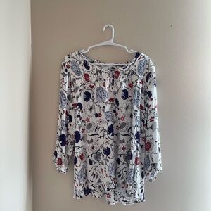 Market & Spruce - Floral Print Women's Top - White, Red, Blue
